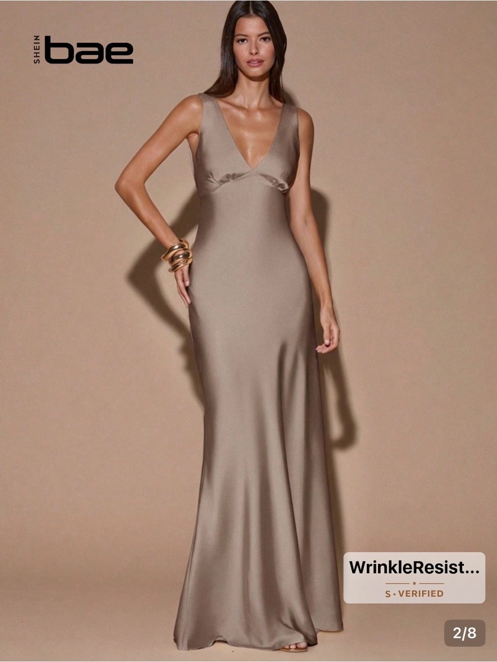 SHEIN Taupe Satin V-Neck Maxi Gown
